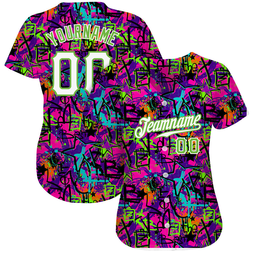 Custom Graffiti Pattern White-Neon Green 3D Authentic Baseball Jersey baseball jersey product view 3