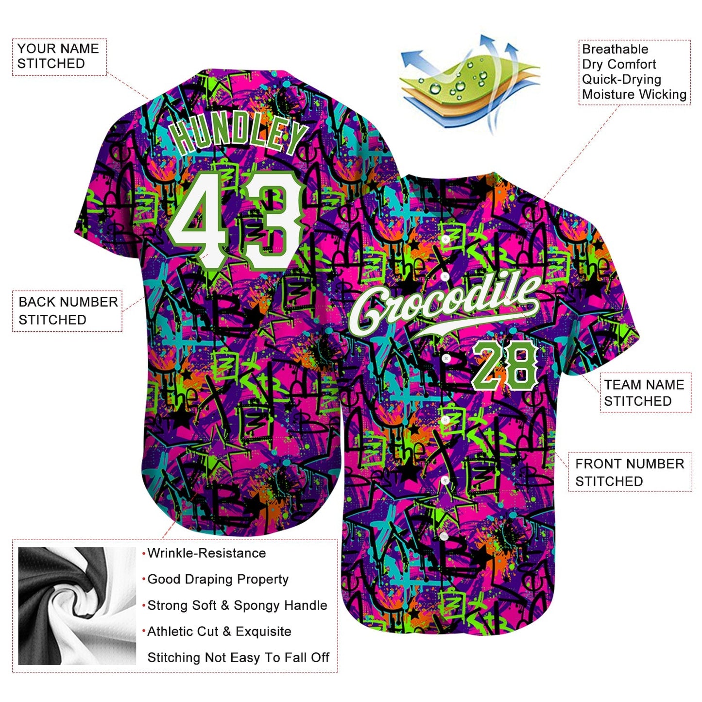 Custom Graffiti Pattern White-Neon Green 3D Authentic Baseball Jersey baseball jersey product view 4