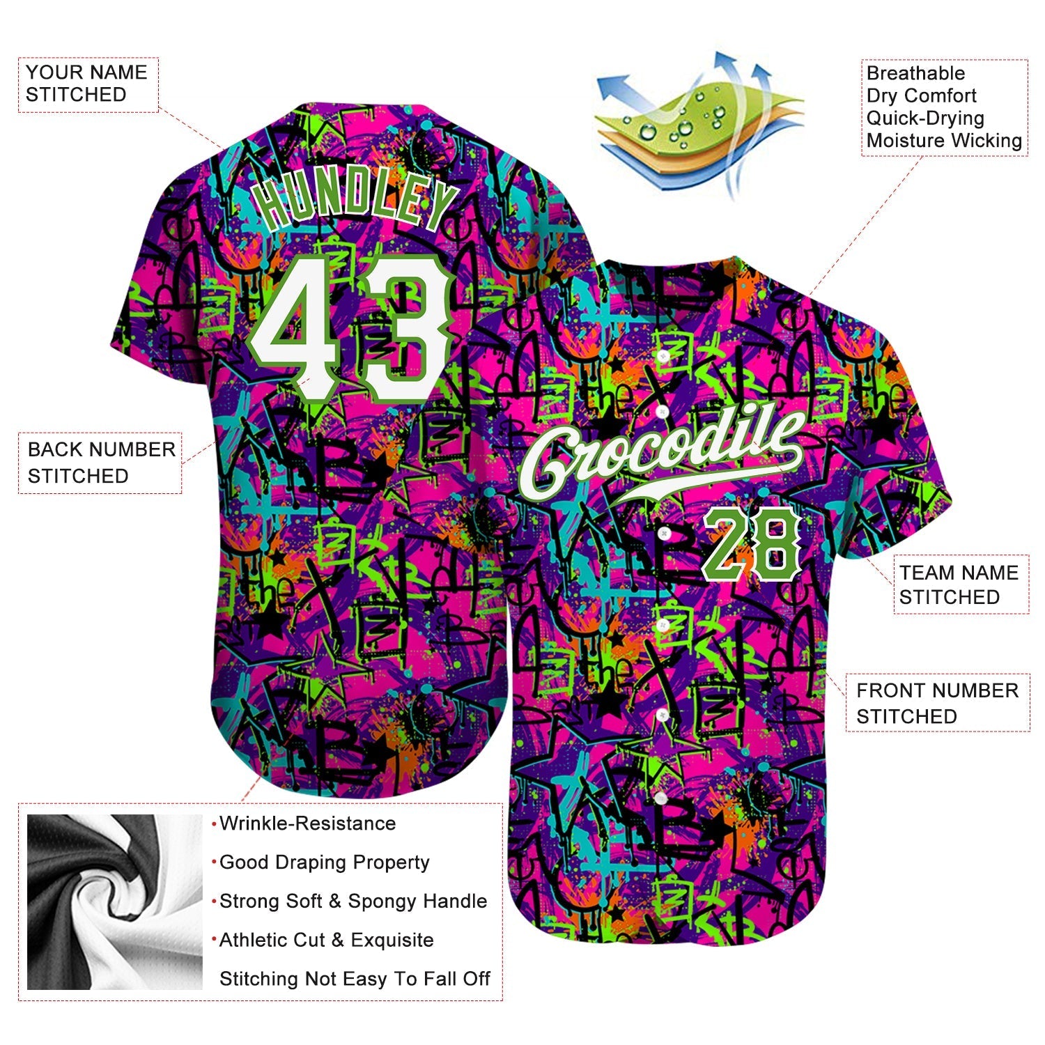 Custom Graffiti Pattern White-Neon Green 3D Authentic Baseball Jersey baseball jersey product view 4