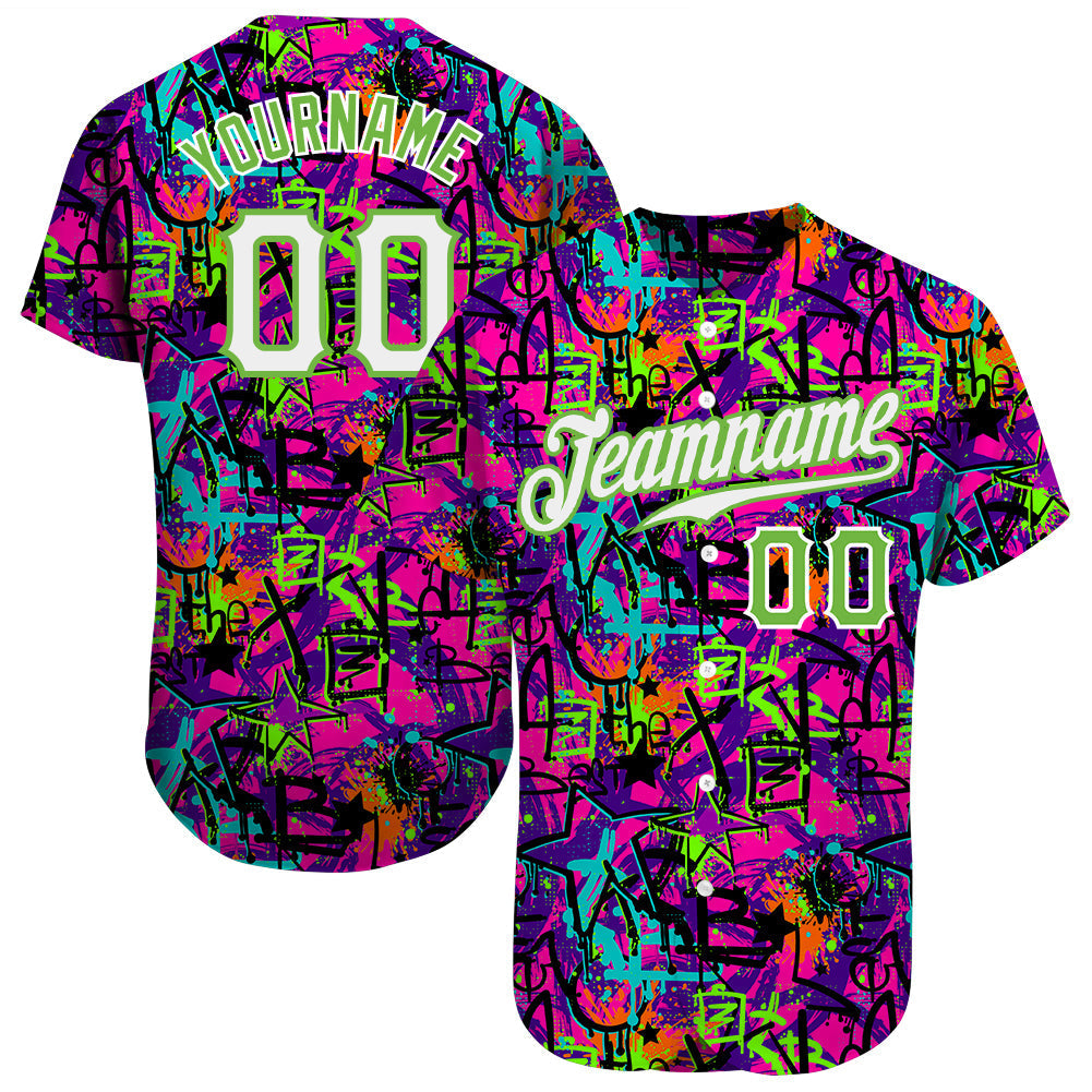 Custom Graffiti Pattern White-Neon Green 3D Authentic Baseball Jersey baseball jersey product view 1