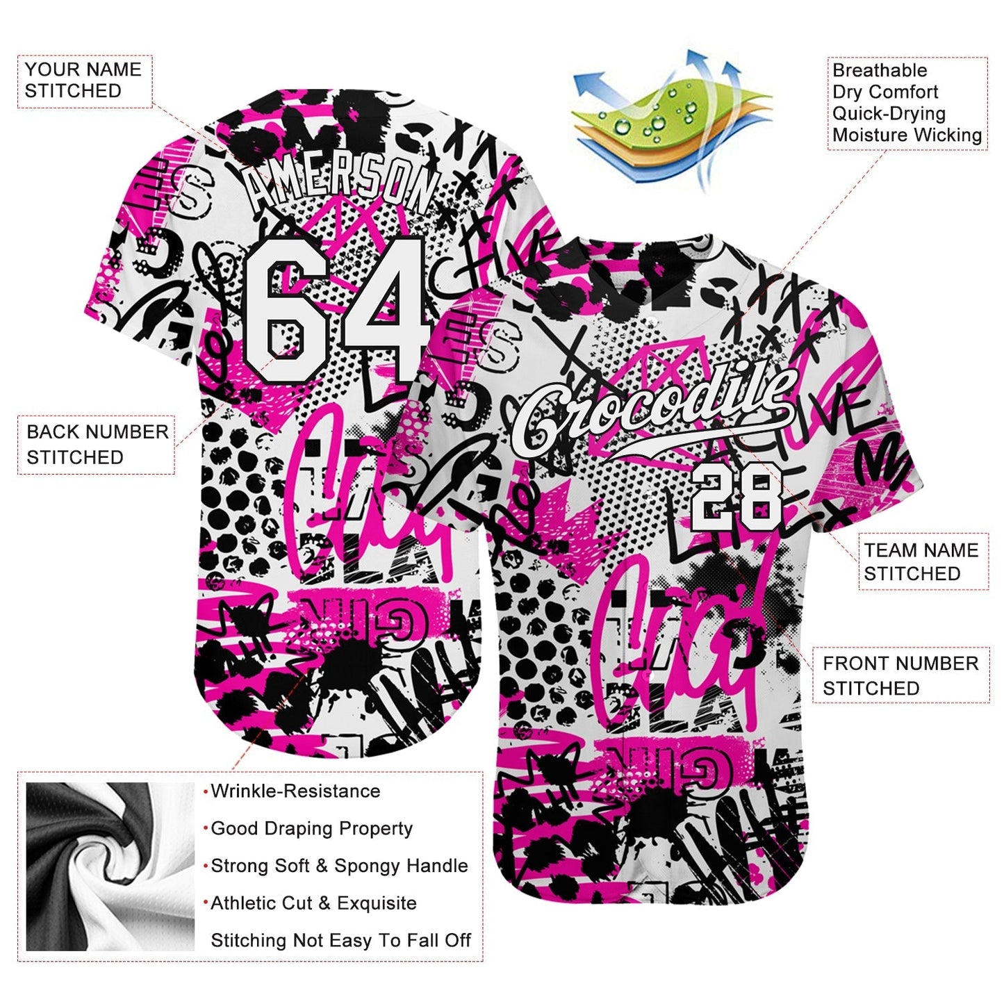 Custom Graffiti Pattern White-Black 3D Authentic Baseball Jersey baseball jersey product view 3