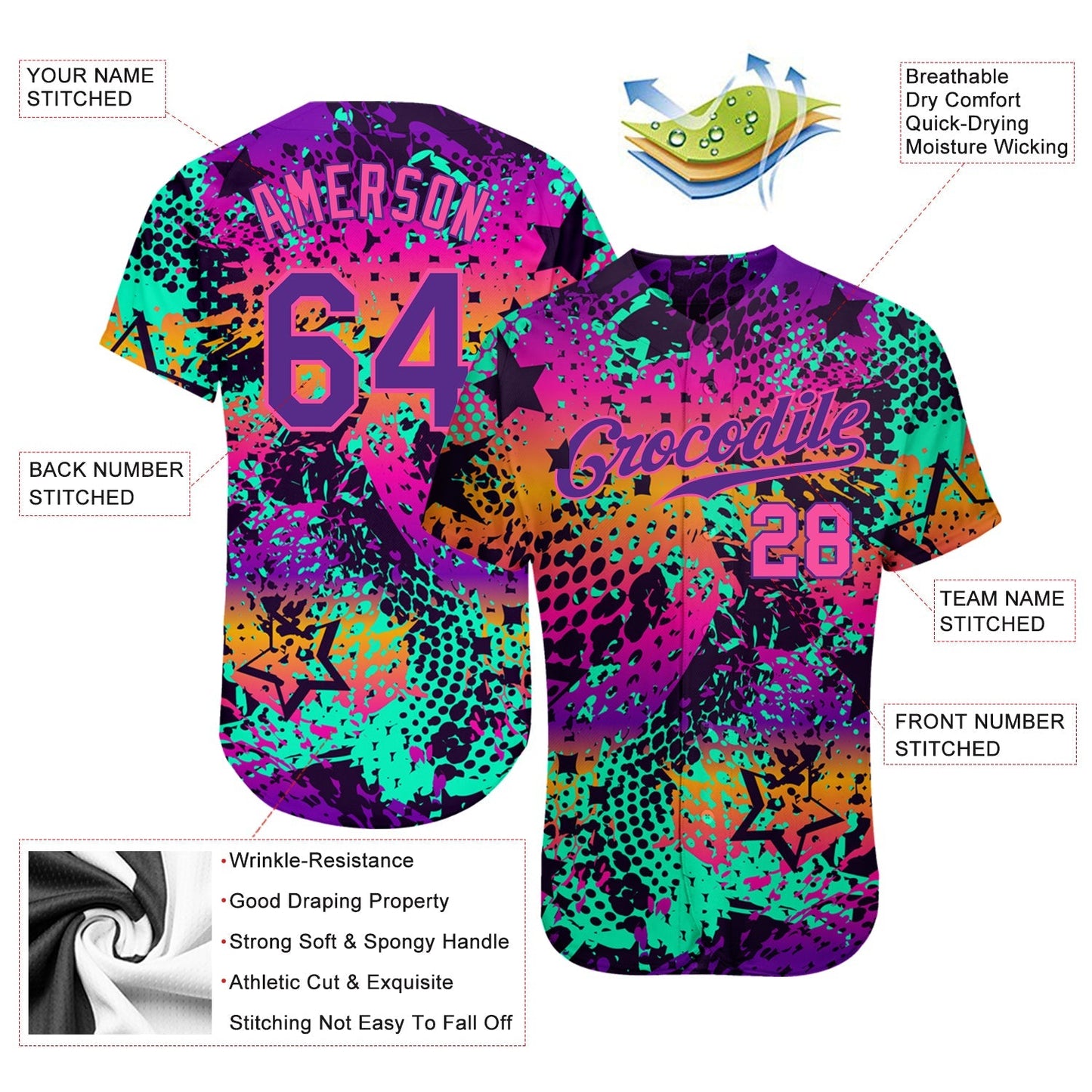 Custom Graffiti Pattern Purple-Pink 3D Authentic Baseball Jersey baseball jersey product view 3