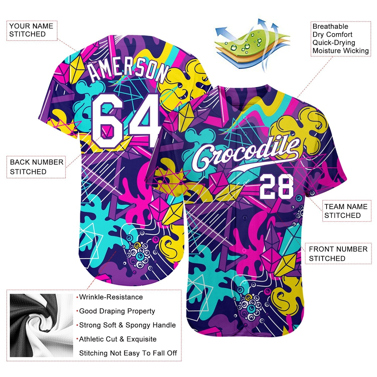 Custom Graffiti Pattern White-Purple 3D Authentic Baseball Jersey baseball jersey product view 3