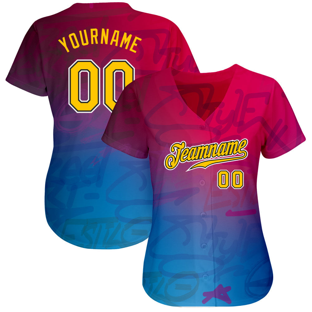 Custom Graffiti Pattern Gold-Black 3D Authentic Baseball Jersey baseball jersey product view 2