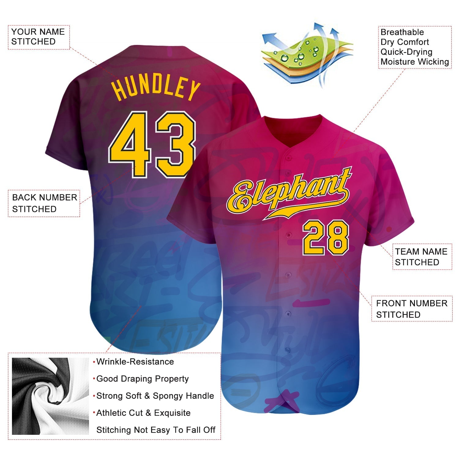 Custom Graffiti Pattern Gold-Black 3D Authentic Baseball Jersey baseball jersey product view 3
