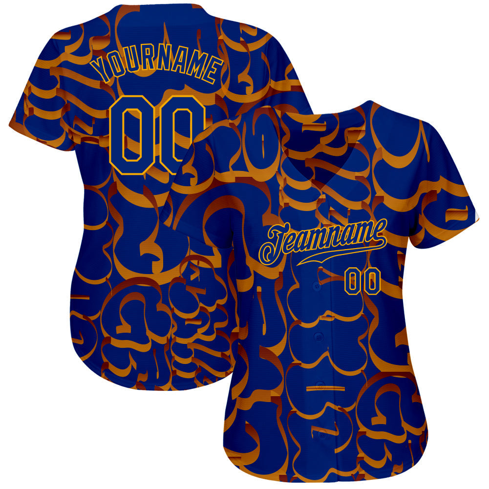 Custom Graffiti Pattern Royal-Gold 3D Authentic Baseball Jersey baseball jersey product view 2