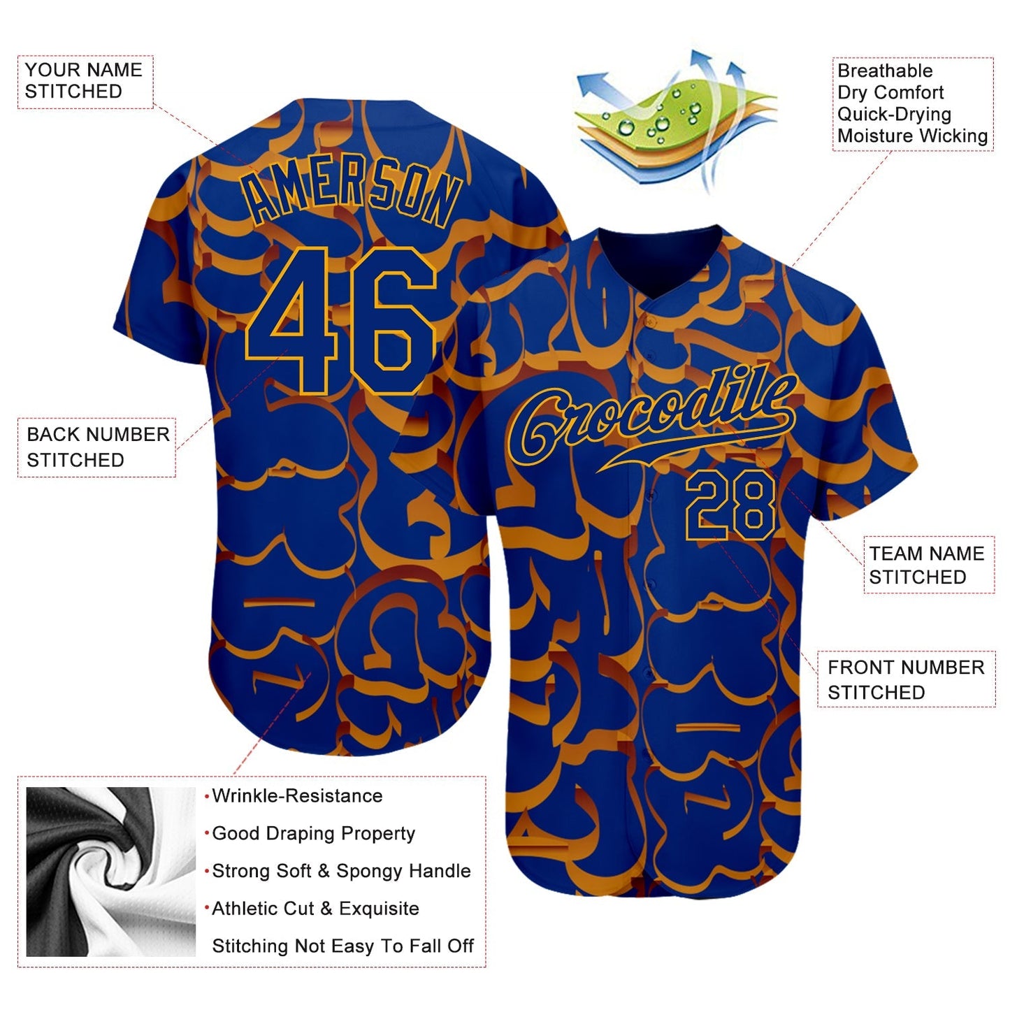 Custom Graffiti Pattern Royal-Gold 3D Authentic Baseball Jersey baseball jersey product view 3
