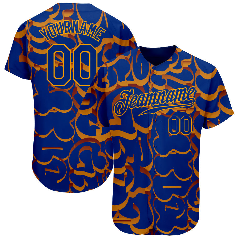 Custom Graffiti Pattern Royal-Gold 3D Authentic Baseball Jersey baseball jersey product view 1