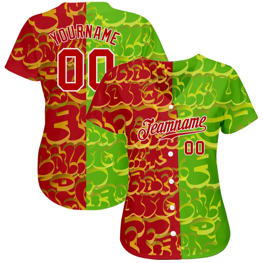 Custom Graffiti Pattern Red-Green 3D Authentic Baseball Jersey baseball jersey product view 2