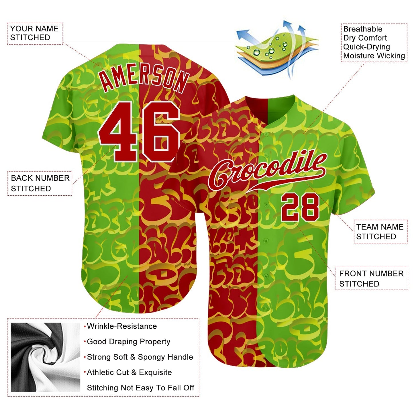 Custom Graffiti Pattern Red-Green 3D Authentic Baseball Jersey baseball jersey product view 3