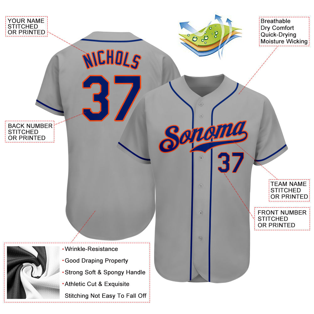 Custom Gray Royal-Orange Authentic Baseball Jersey baseball jersey product view 3