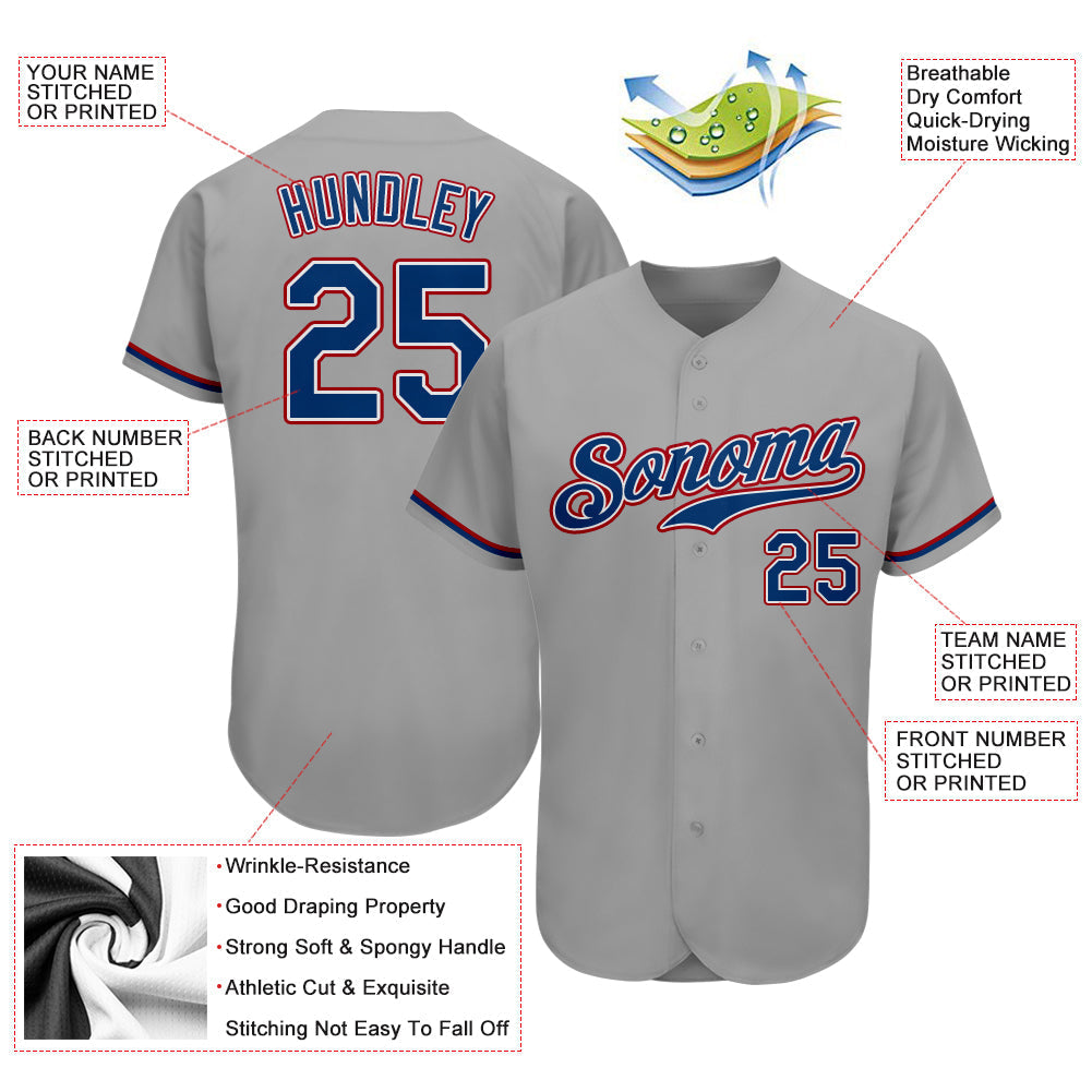 Custom Gray Royal-Red Authentic Baseball Jersey baseball jersey product view 3