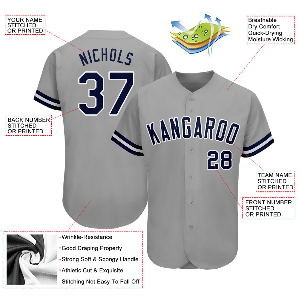 Custom Gray Navy-White Authentic Baseball Jersey baseball jersey product view 3