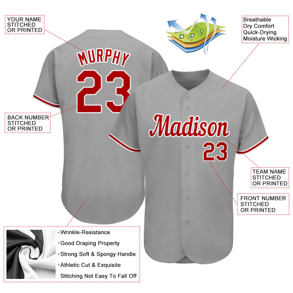 Custom Gray Red-White Authentic Baseball Jersey baseball jersey product view 3