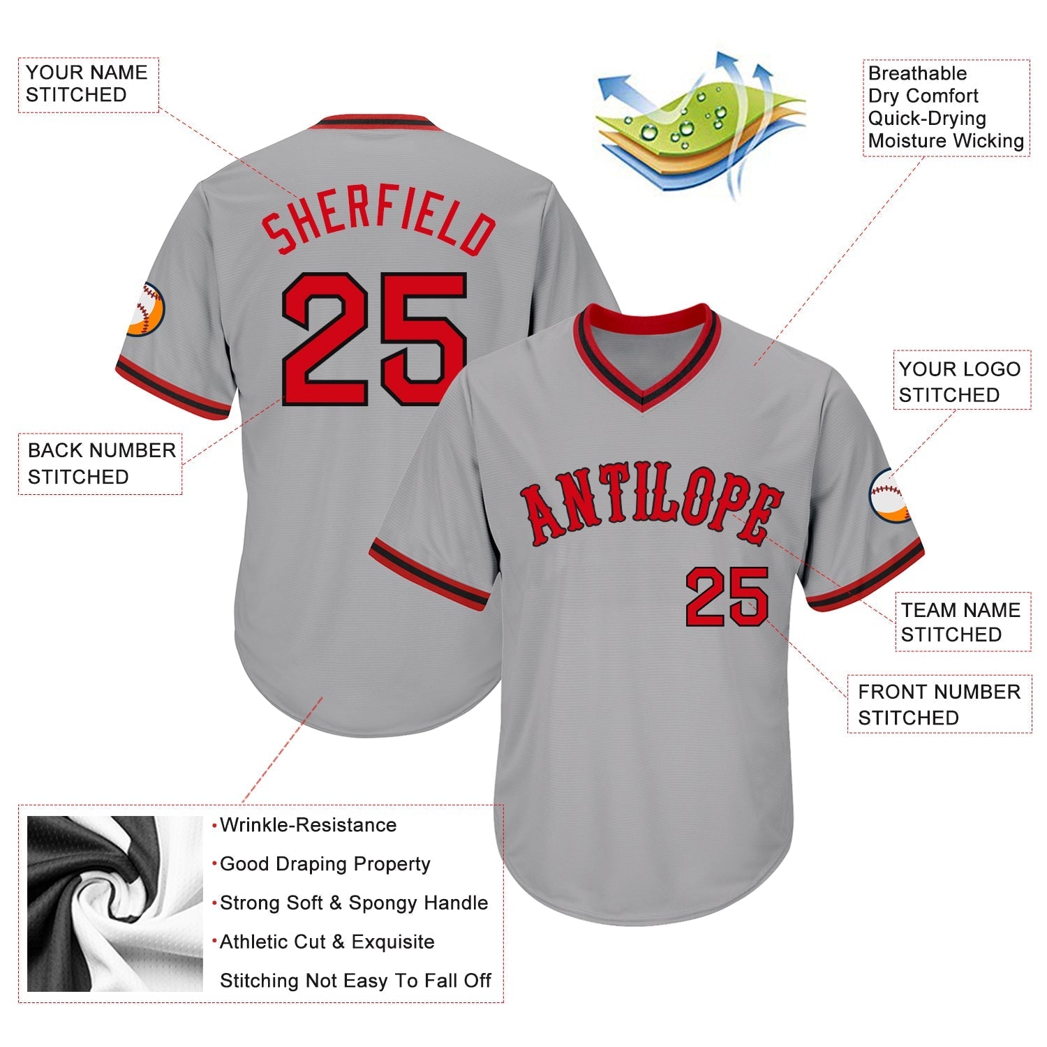 Custom Gray Red-Black Authentic Throwback Rib-Knit Baseball Jersey Shirt baseball jersey product view 4