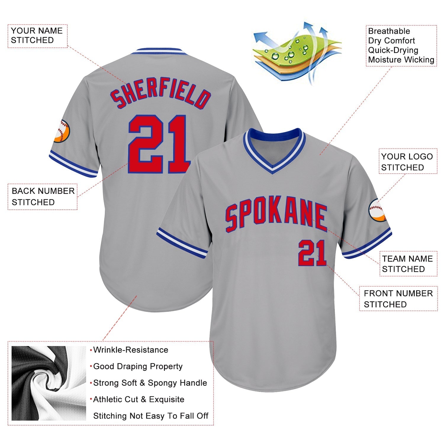 Custom Gray Red-Royal Authentic Throwback Rib-Knit Baseball Jersey Shirt baseball jersey product view 4
