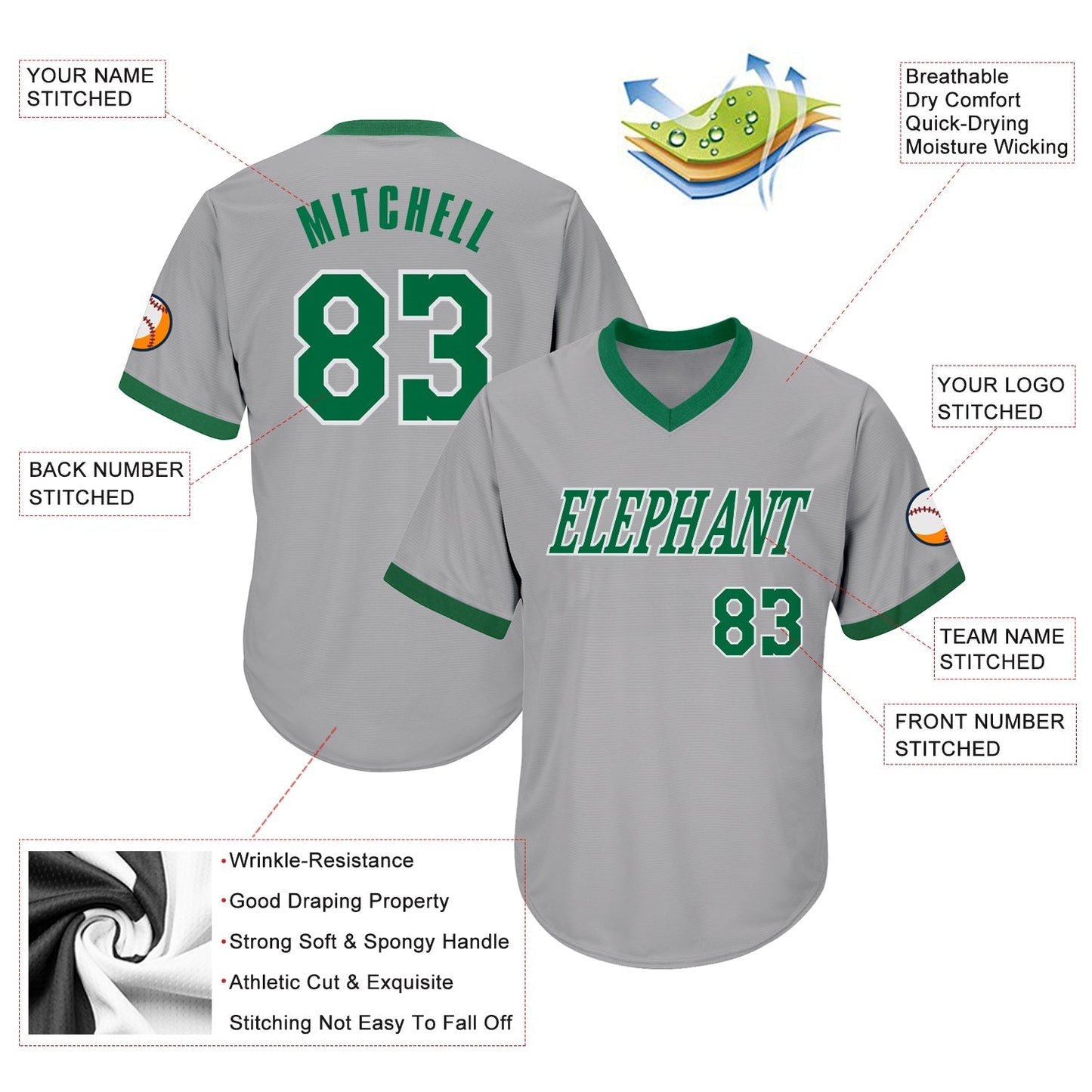 Custom Gray Kelly Green-White Authentic Throwback Rib-Knit Baseball Jersey Shirt baseball jersey product view 4
