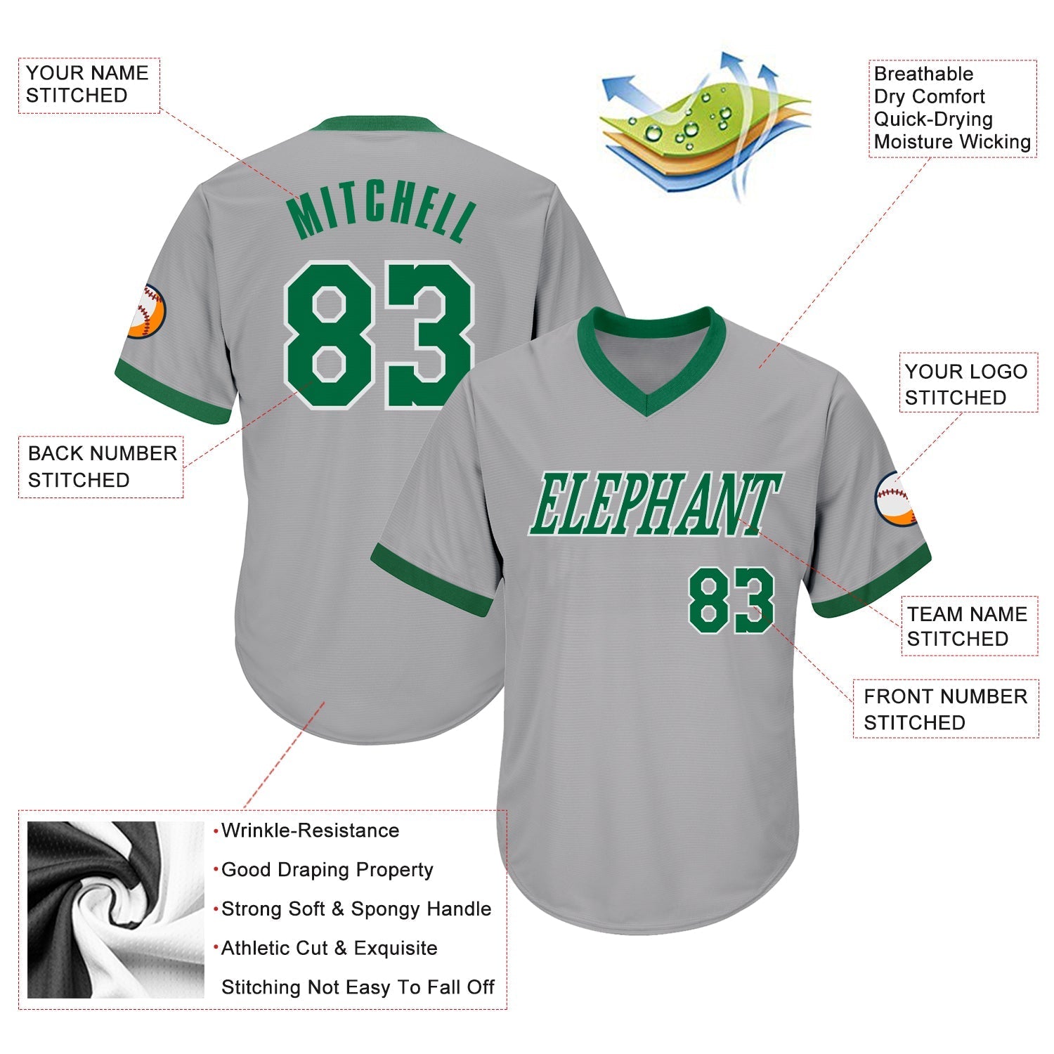 Custom Gray Kelly Green-White Authentic Throwback Rib-Knit Baseball Jersey Shirt baseball jersey product view 4