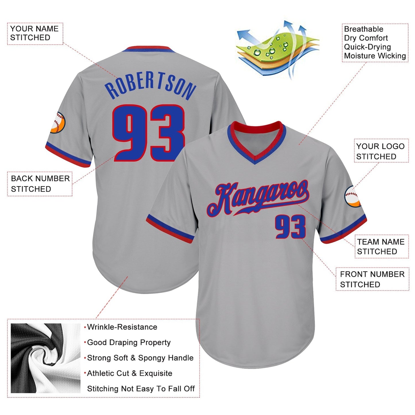Custom Gray Royal-Red Authentic Throwback Rib-Knit Baseball Jersey Shirt baseball jersey product view 4