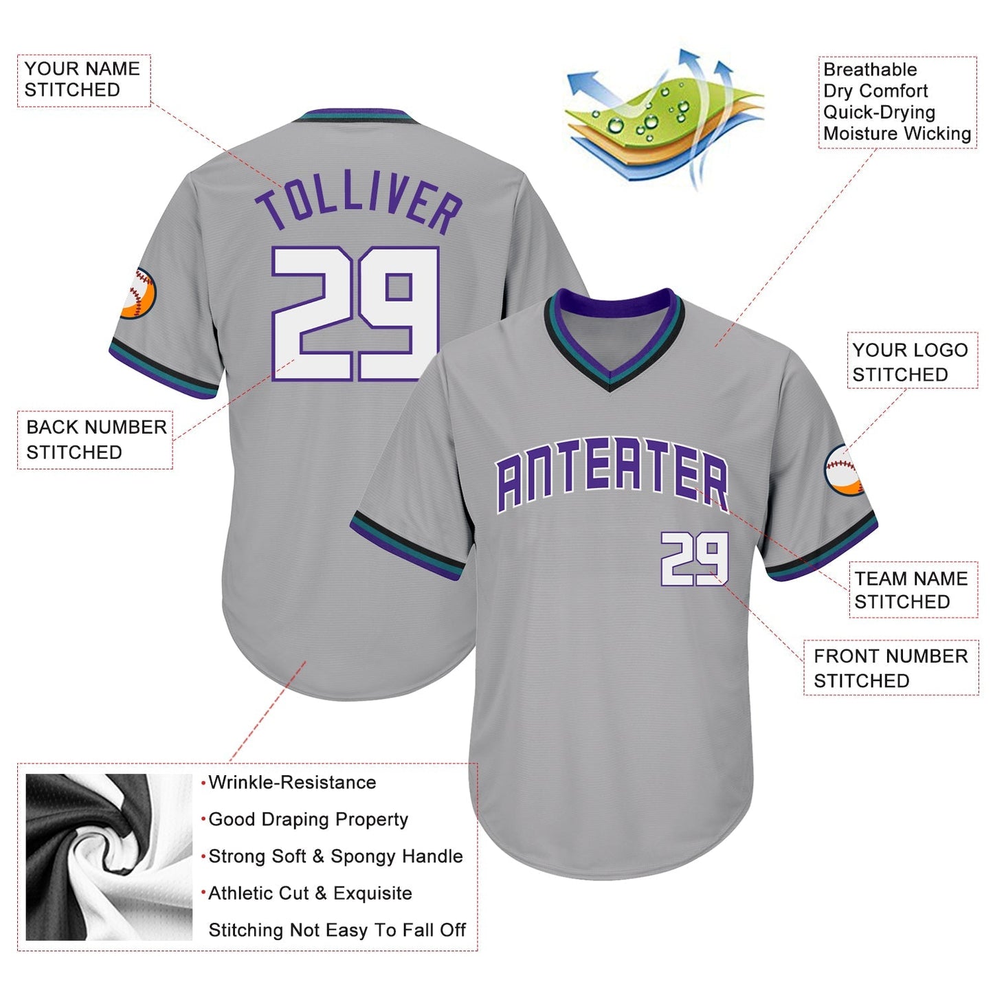 Custom Gray White-Purple Authentic Throwback Rib-Knit Baseball Jersey Shirt baseball jersey product view 4