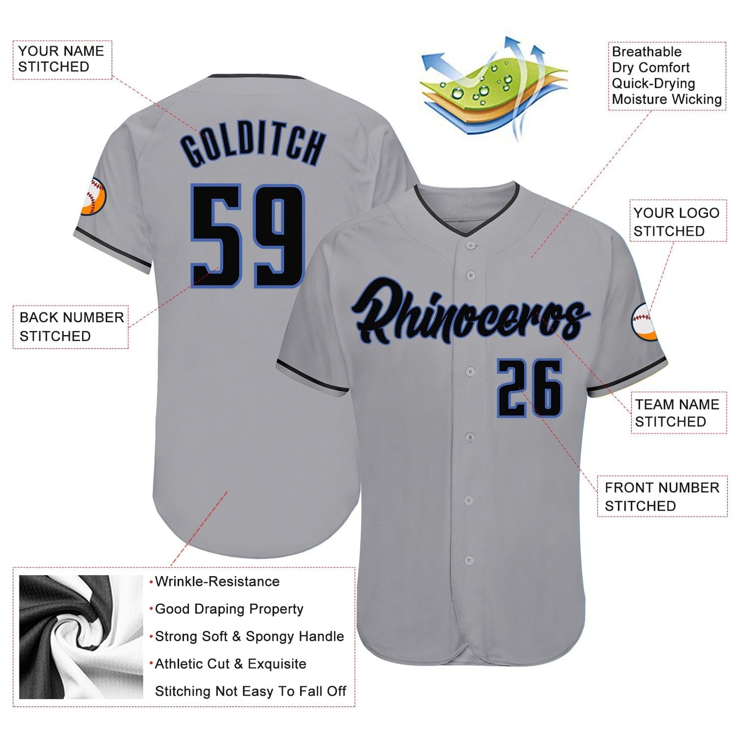 Custom Gray Black-Blue Authentic Baseball Jersey baseball jersey product view 3