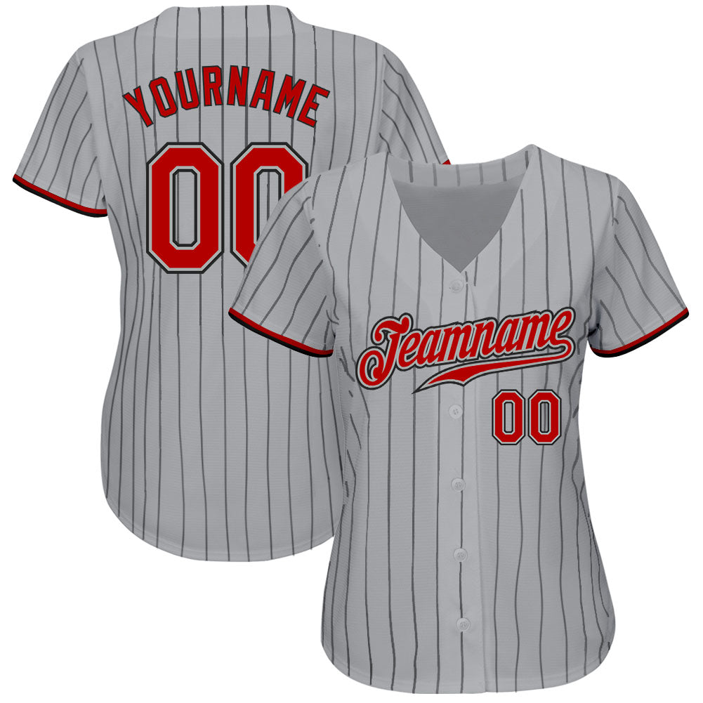 Custom Gray Black Pinstripe Red-Black Authentic Baseball Jersey baseball jersey product view 2