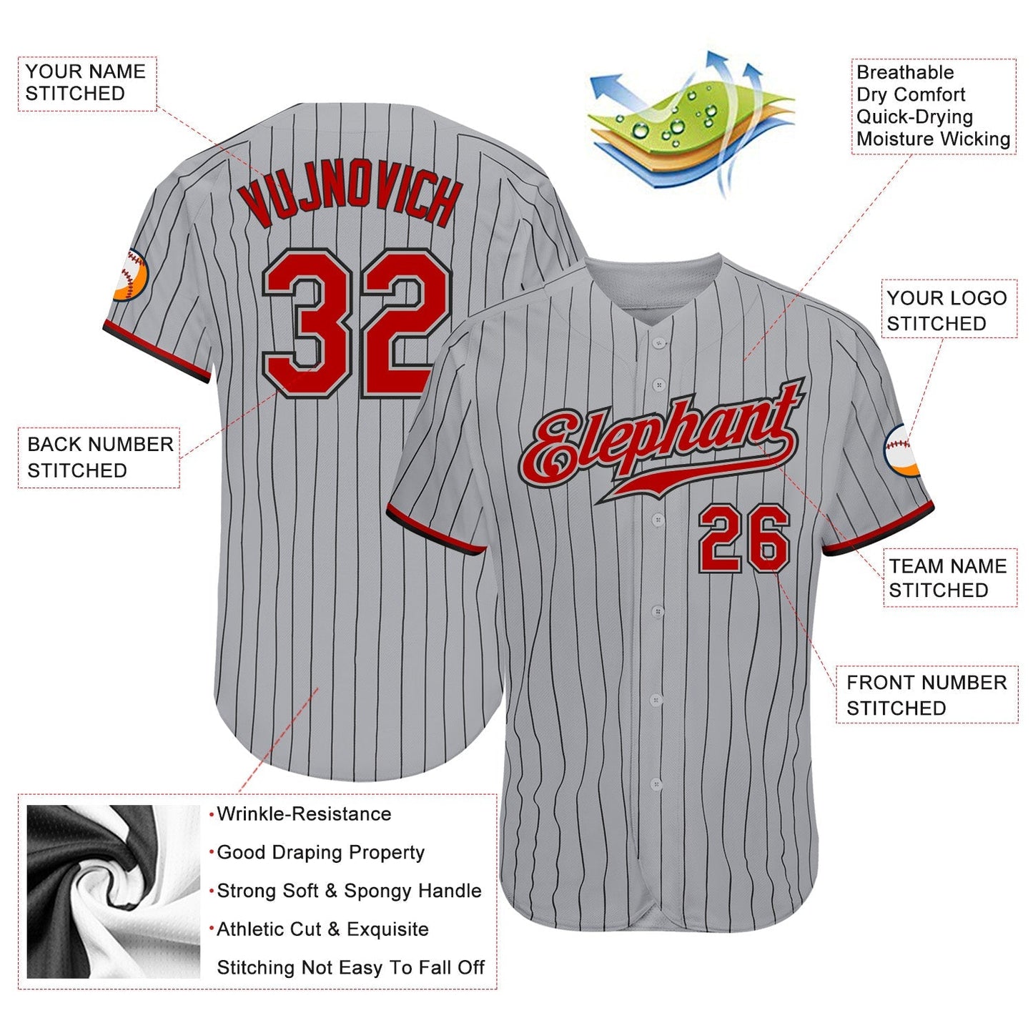 Custom Gray Black Pinstripe Red-Black Authentic Baseball Jersey baseball jersey product view 3