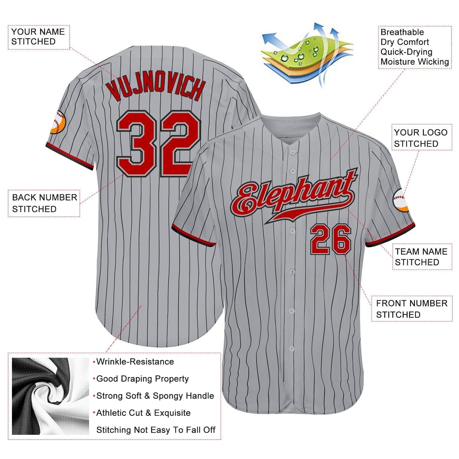 Custom Gray Black Pinstripe Red-Black Authentic Baseball Jersey baseball jersey product view 3