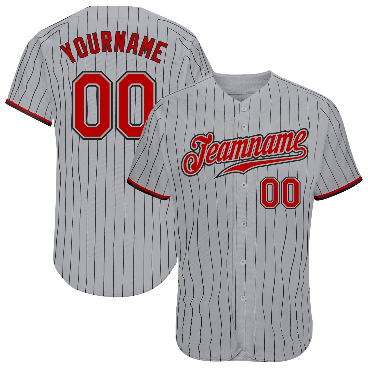 Custom Gray Black Pinstripe Red-Black Authentic Baseball Jersey baseball jersey product view 1