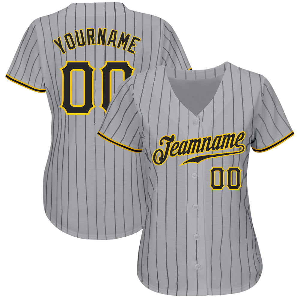 Custom Gray Black Pinstripe Black-Gold Authentic Baseball Jersey baseball jersey product view 2