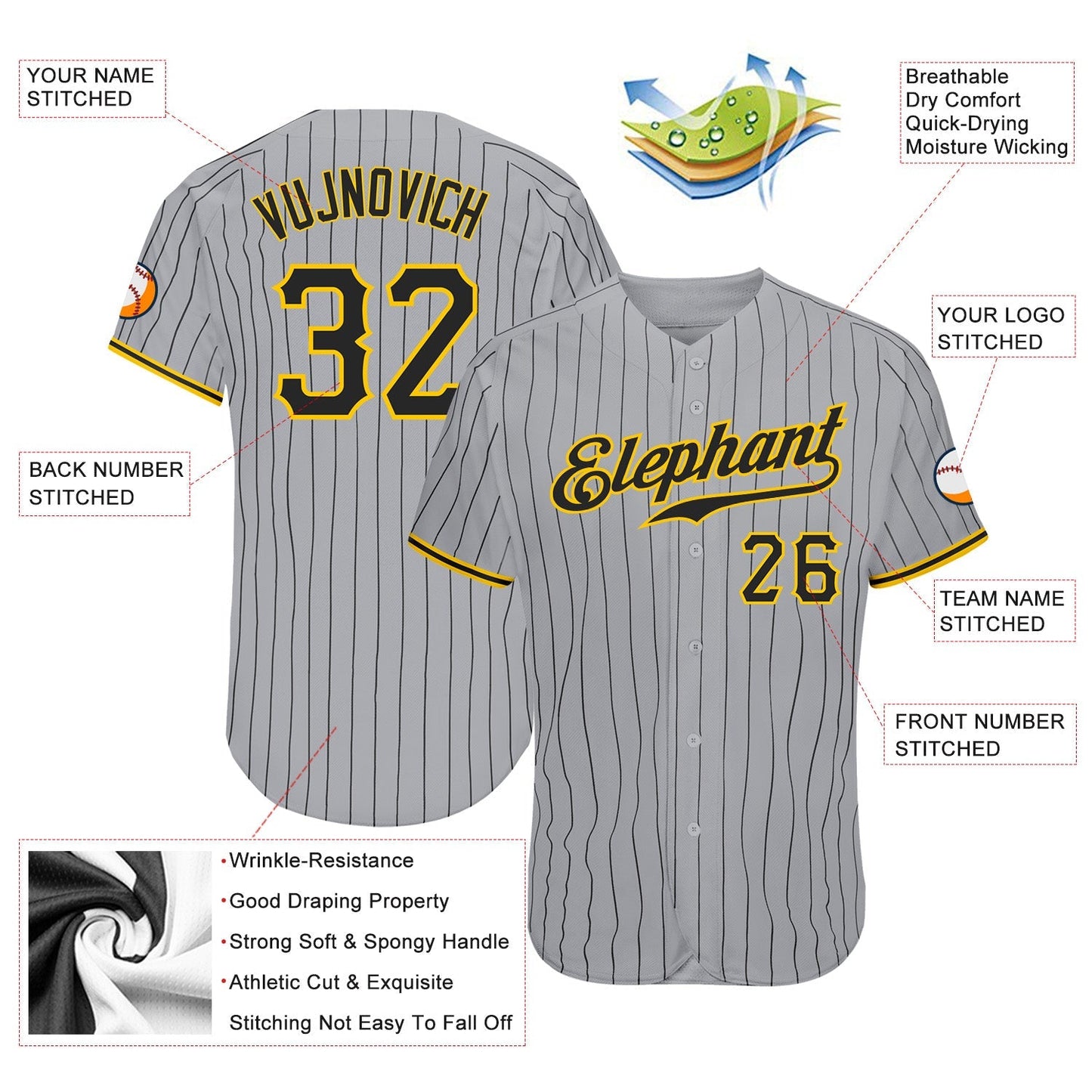 Custom Gray Black Pinstripe Black-Gold Authentic Baseball Jersey baseball jersey product view 3