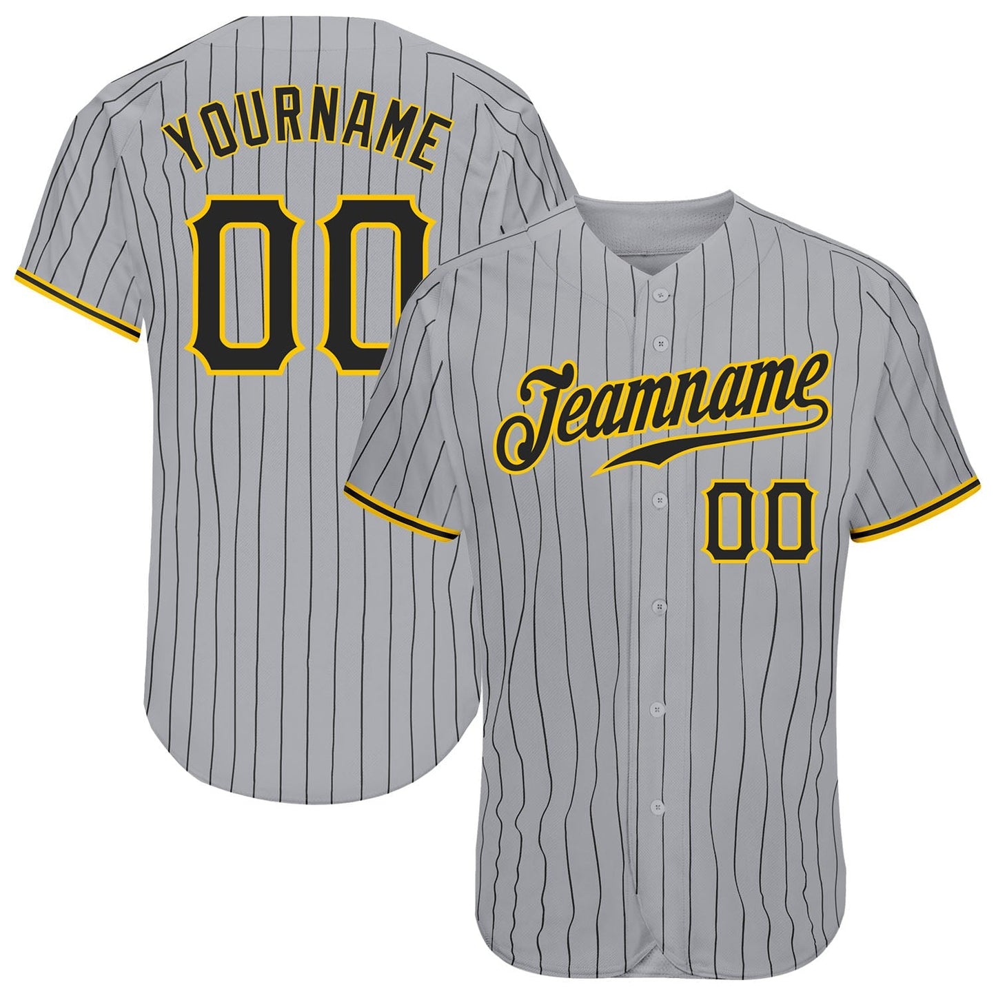 Custom Gray Black Pinstripe Black-Gold Authentic Baseball Jersey baseball jersey product view 1