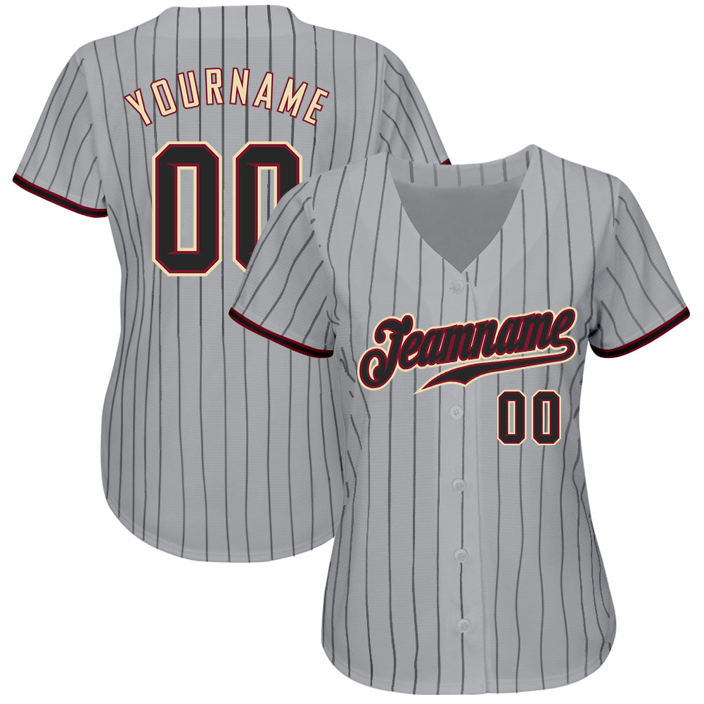 Custom Gray Black Pinstripe Black-Crimson Authentic Baseball Jersey baseball jersey product view 2