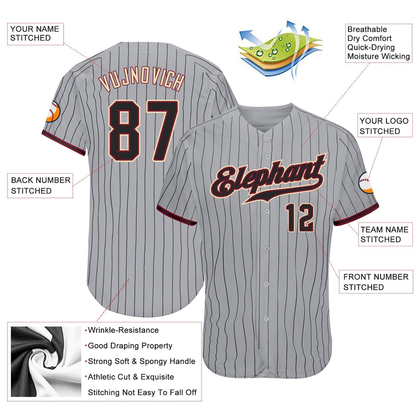 Custom Gray Black Pinstripe Black-Crimson Authentic Baseball Jersey baseball jersey product view 3
