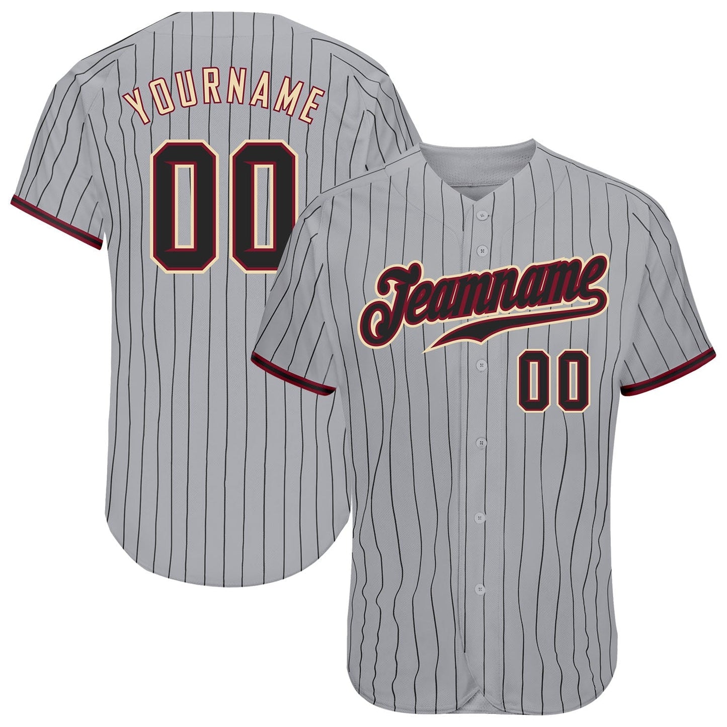 Custom Gray Black Pinstripe Black-Crimson Authentic Baseball Jersey baseball jersey product view 1