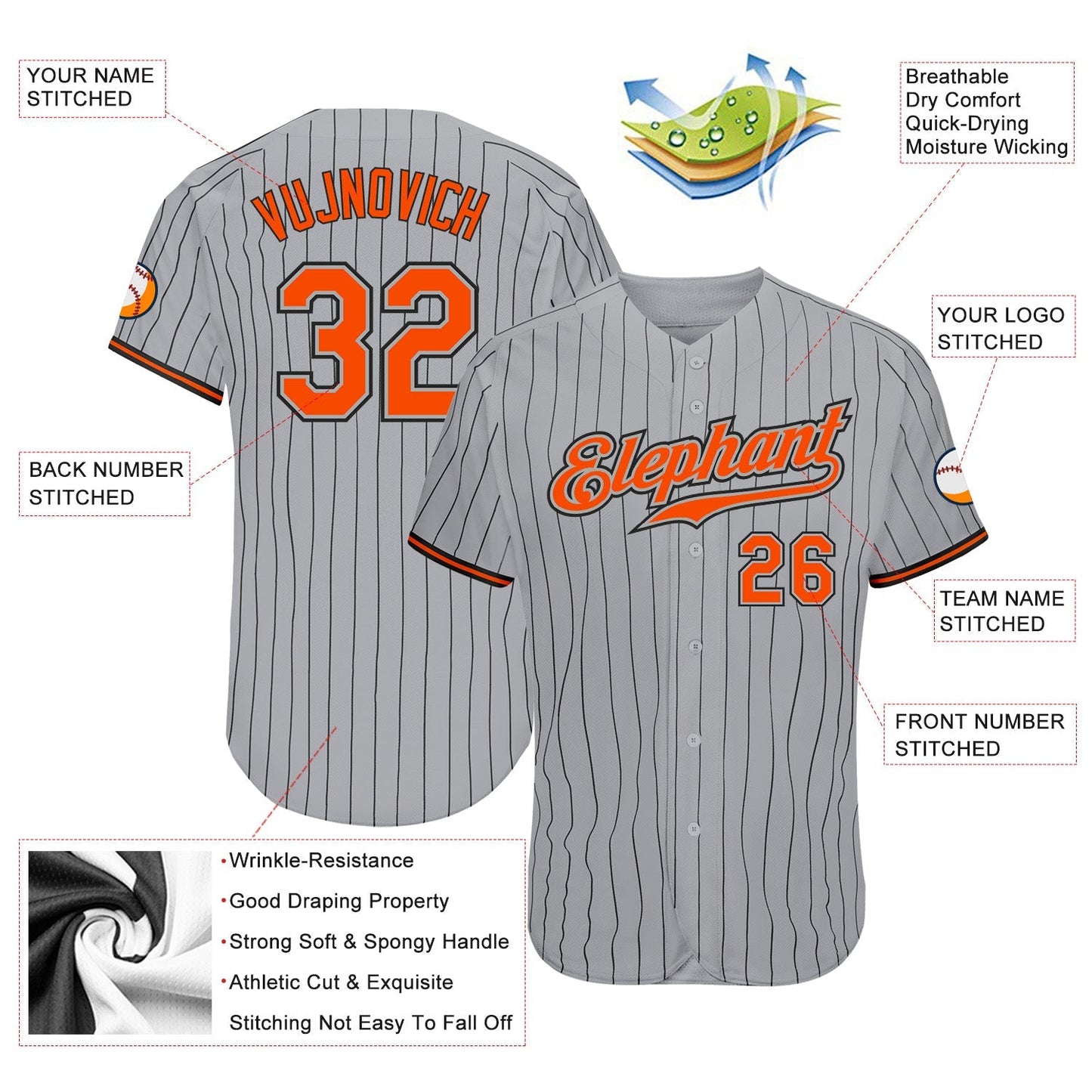 Custom Gray Black Pinstripe Orange-Black Authentic Baseball Jersey baseball jersey product view 3