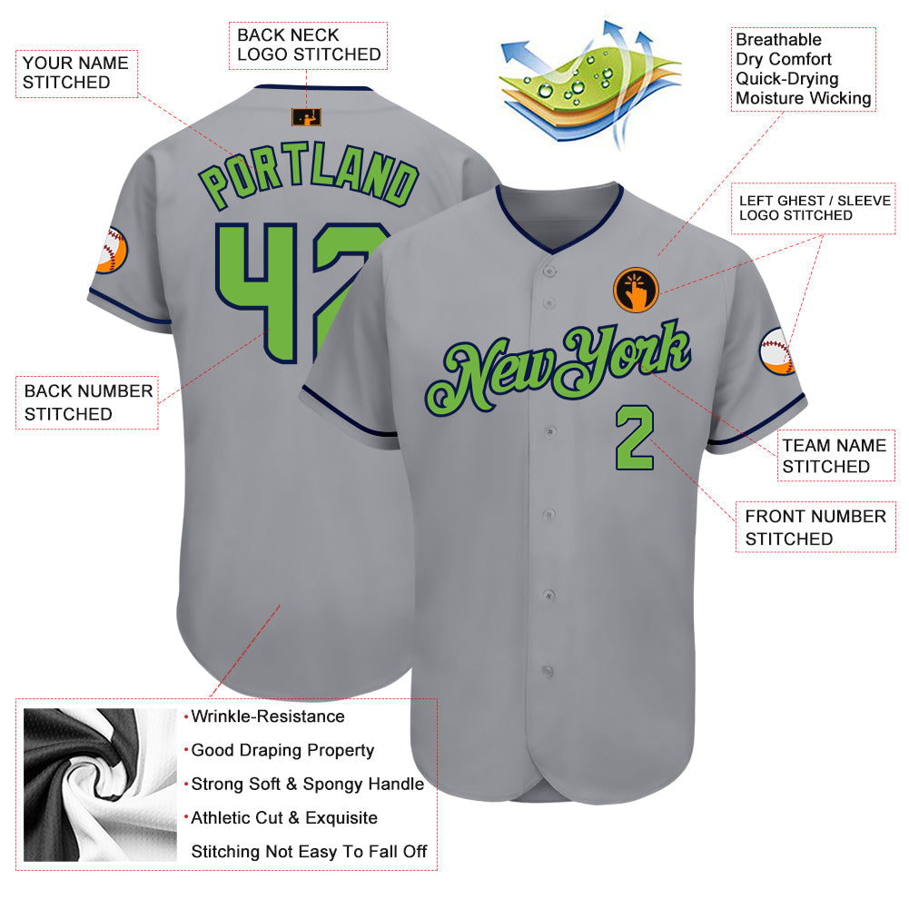 Custom Gray Neon Green-Navy Authentic Baseball Jersey baseball jersey product view 3
