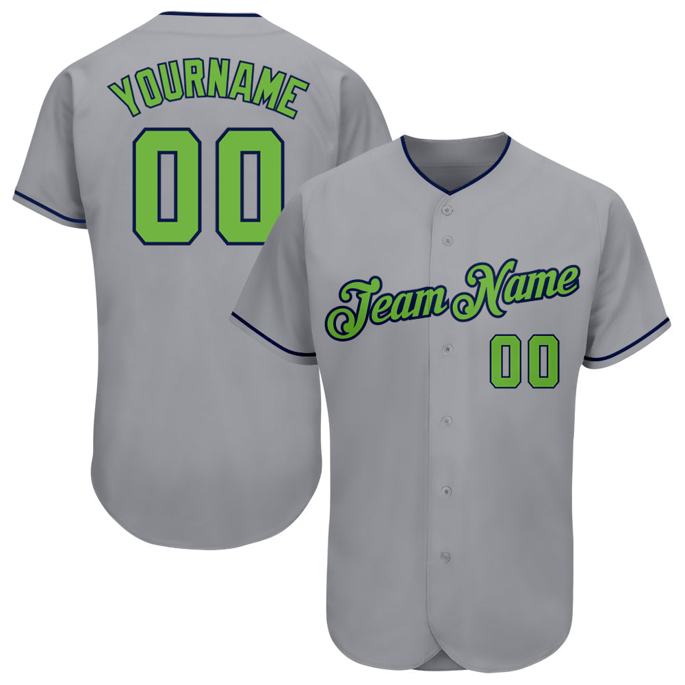 Custom Gray Neon Green-Navy Authentic Baseball Jersey baseball jersey product view 1