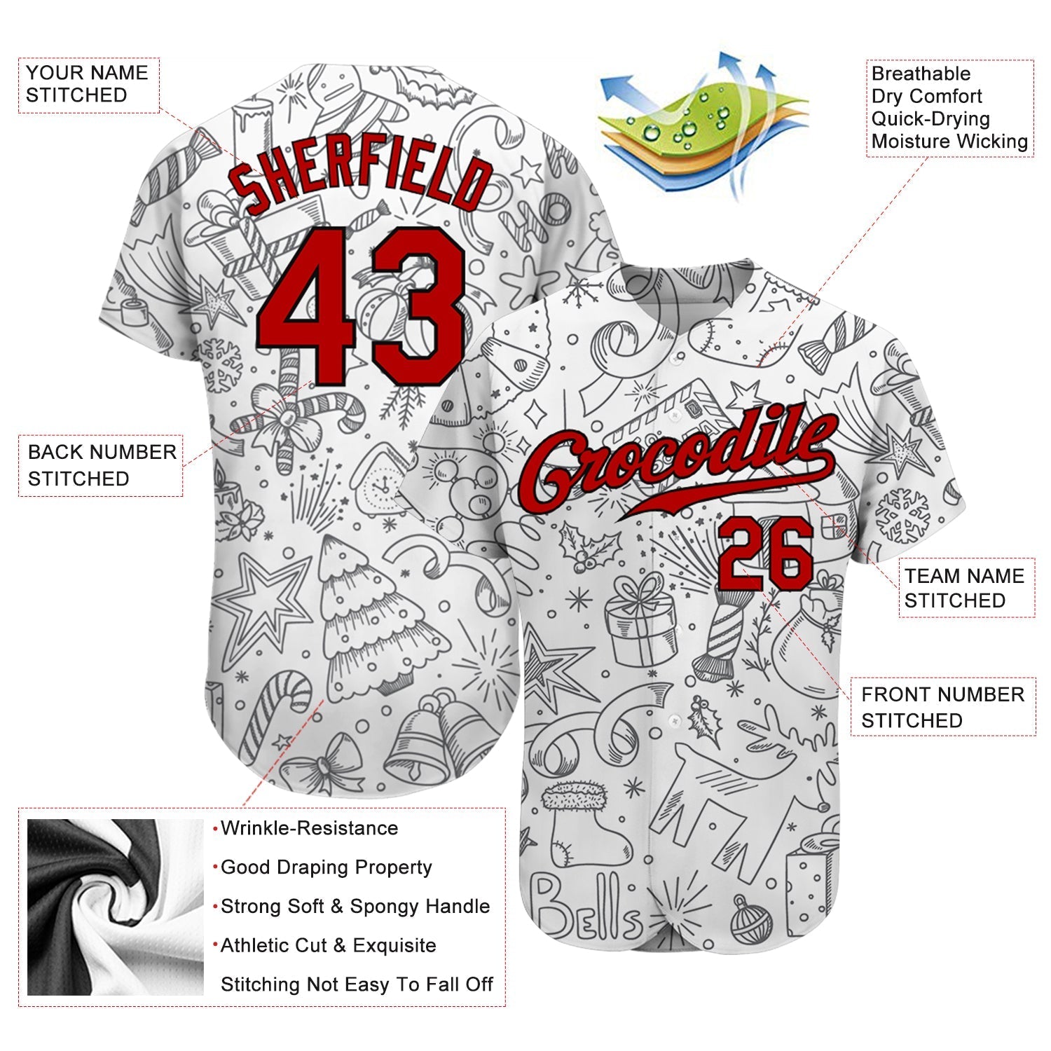 Custom Gray Red-Black Christmas 3D Authentic Baseball Jersey baseball jersey product view 4