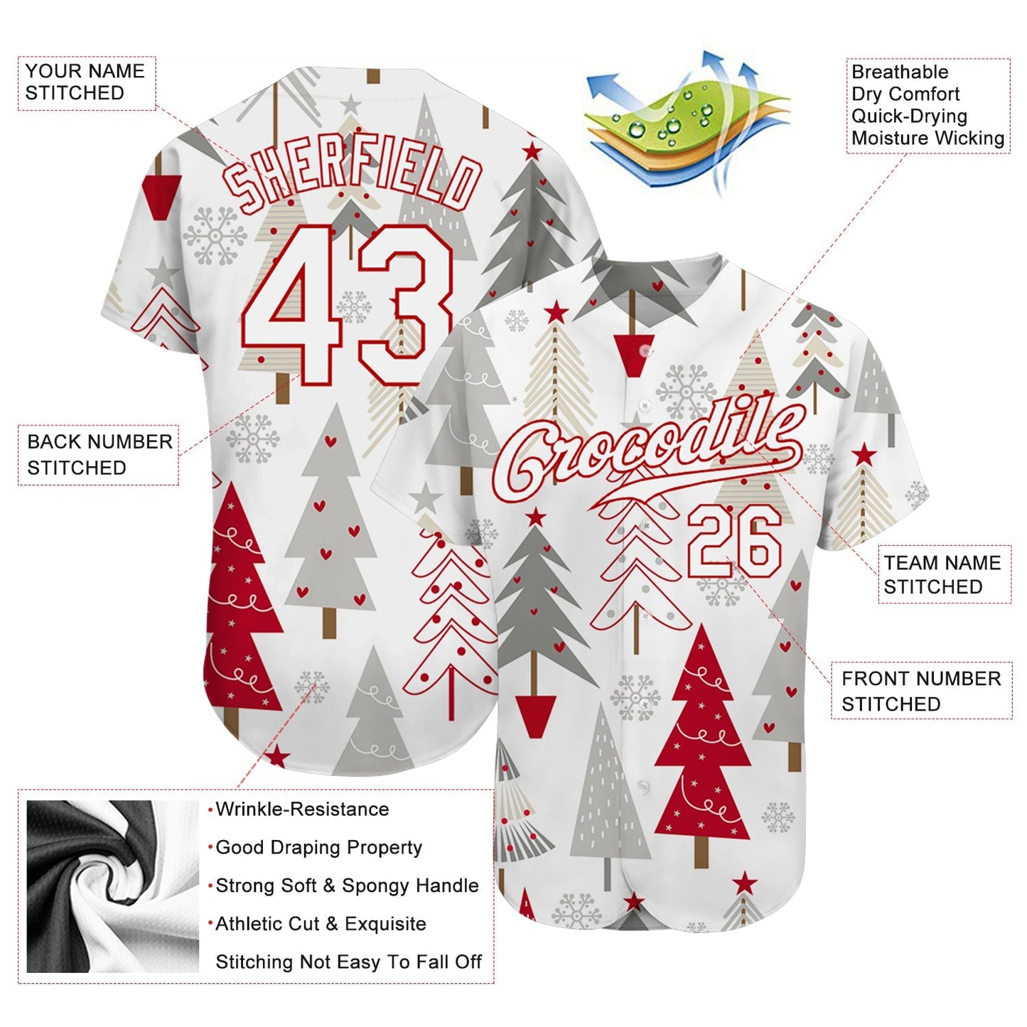 Custom Gray White-Red Christmas 3D Authentic Baseball Jersey baseball jersey product view 3