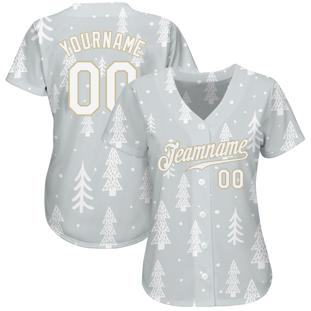 Custom Gray White-Old Gold Christmas 3D Authentic Baseball Jersey baseball jersey product view 2