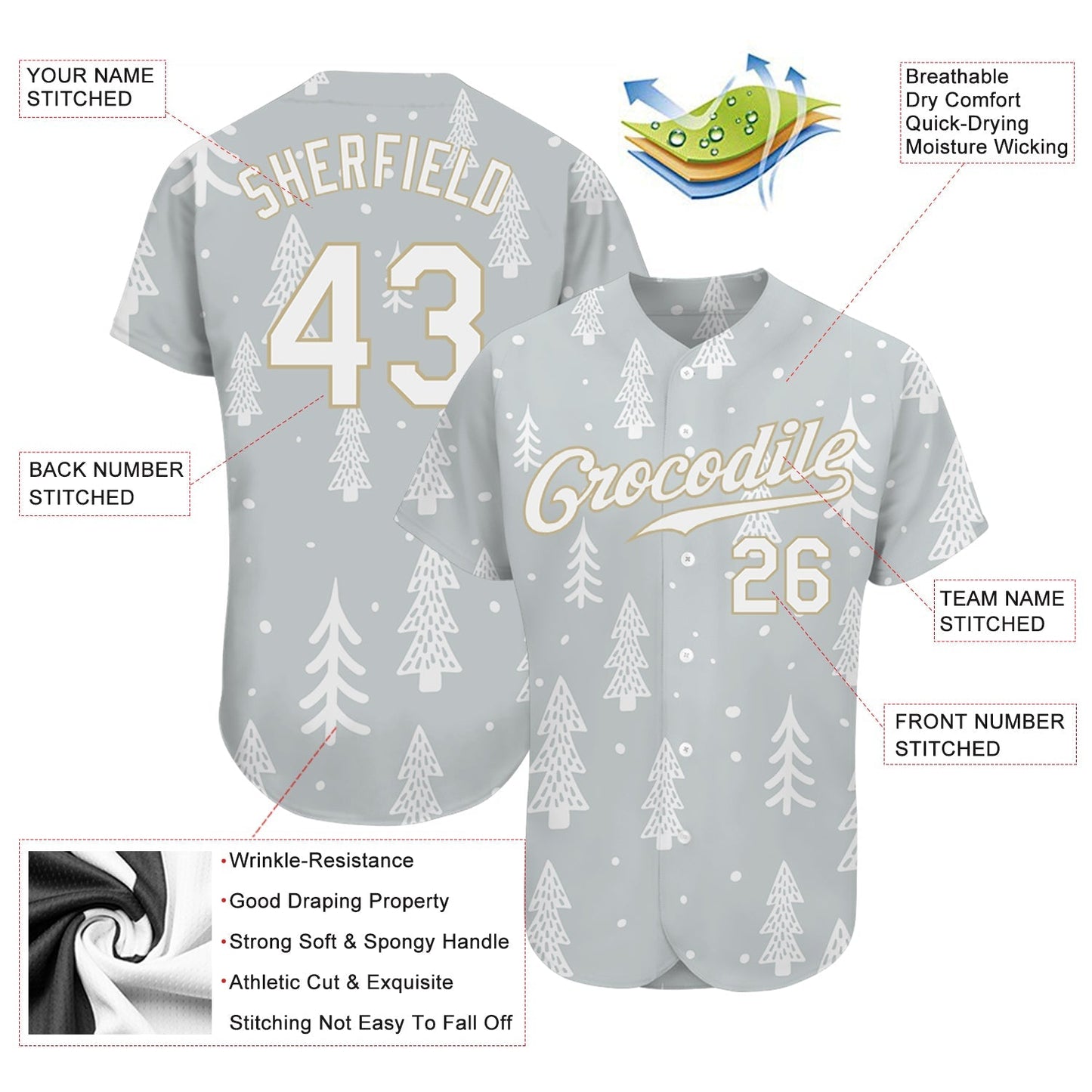 Custom Gray White-Old Gold Christmas 3D Authentic Baseball Jersey baseball jersey product view 3