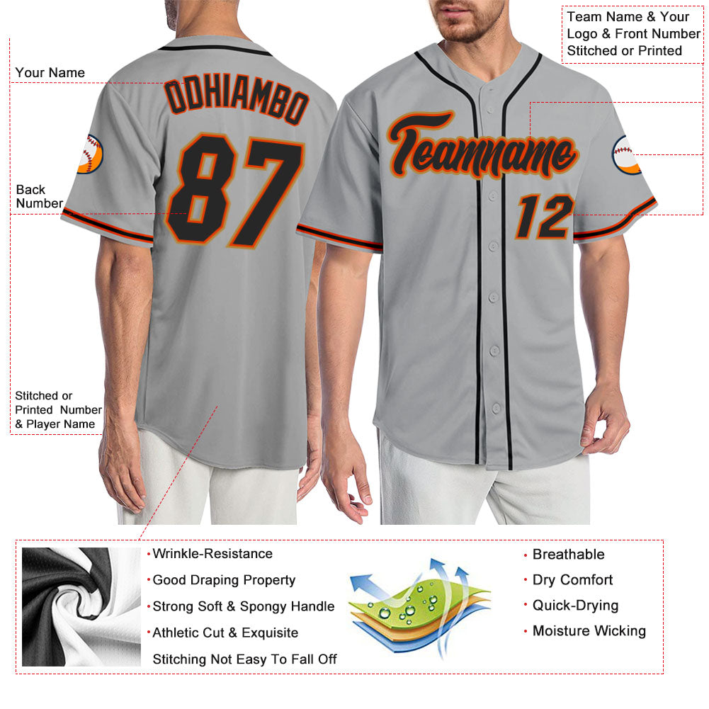 Custom Gray Black-Orange Authentic Baseball Jersey baseball jersey product view 3