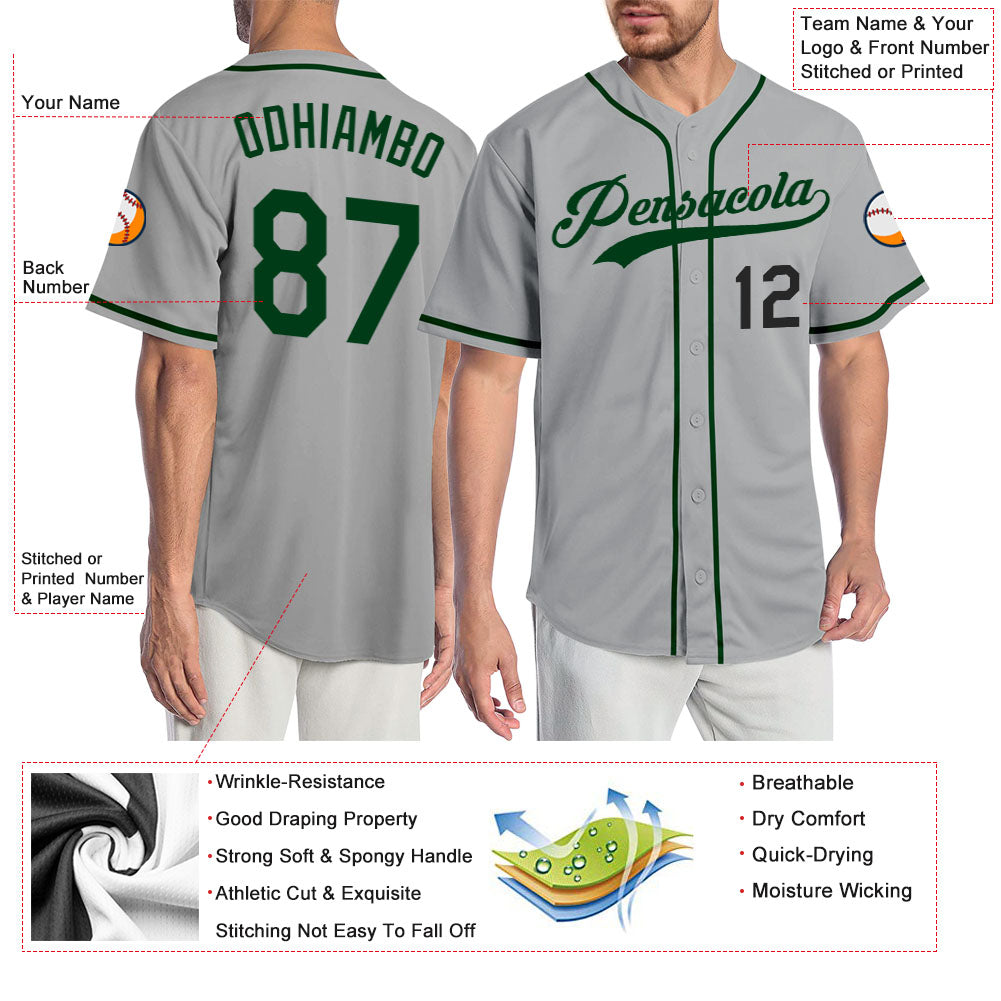 Custom Gray Green-Black Authentic Baseball Jersey baseball jersey product view 3