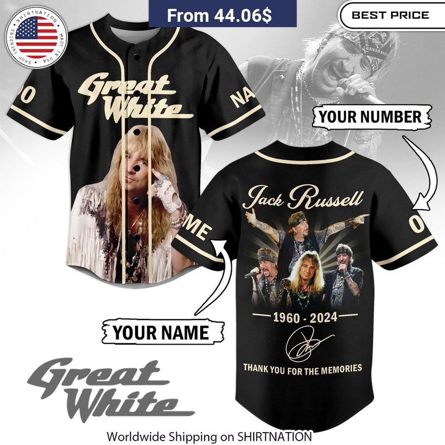 Great White Jack Russell CUSTOM Baseball Jersey baseball jersey product view 1