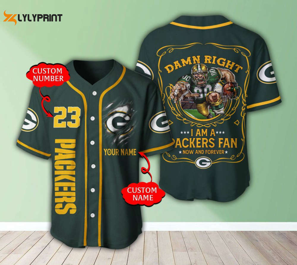 Green Bay Packers Personalized Baseball Jersey - lylyprint.com baseball jersey product view 1
