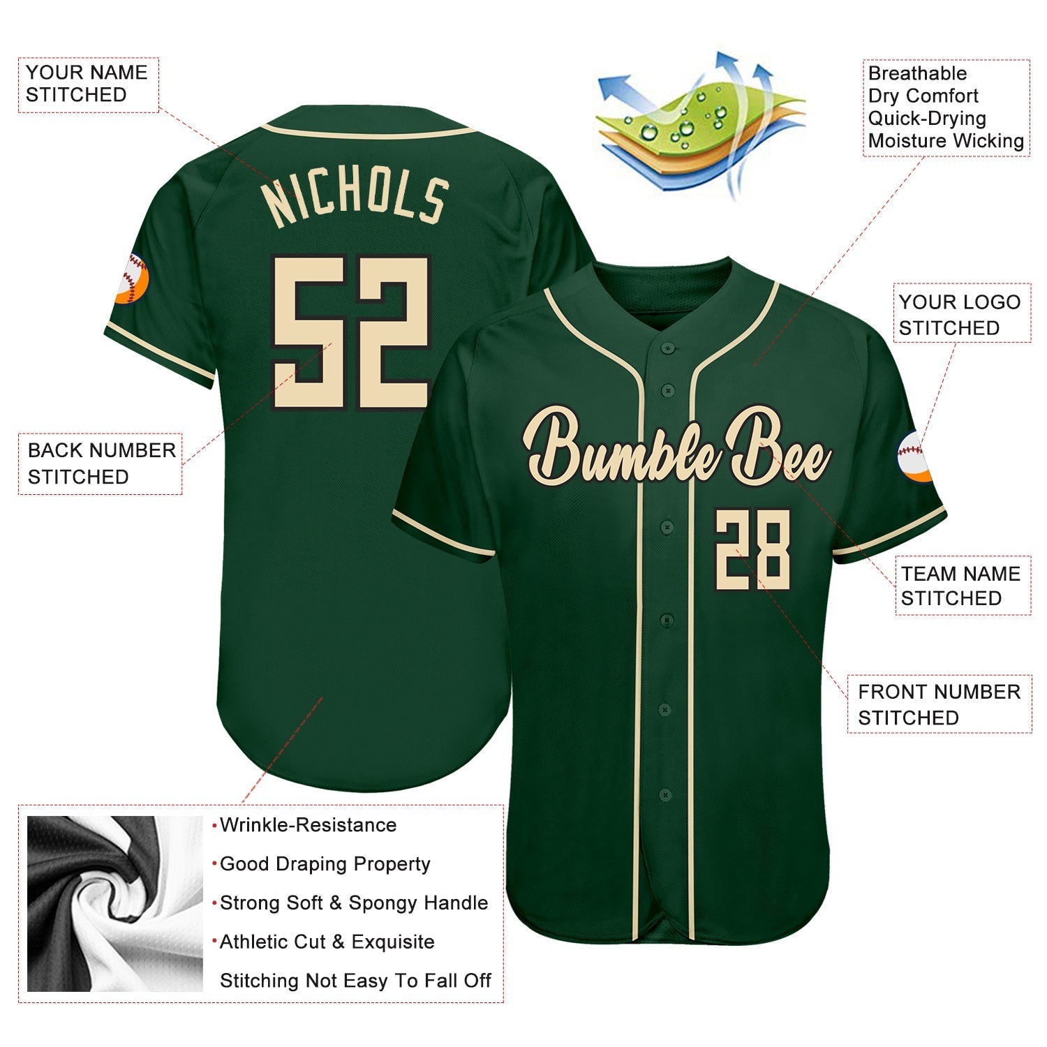 Custom Green Cream-Black Authentic Baseball Jersey baseball jersey product view 3