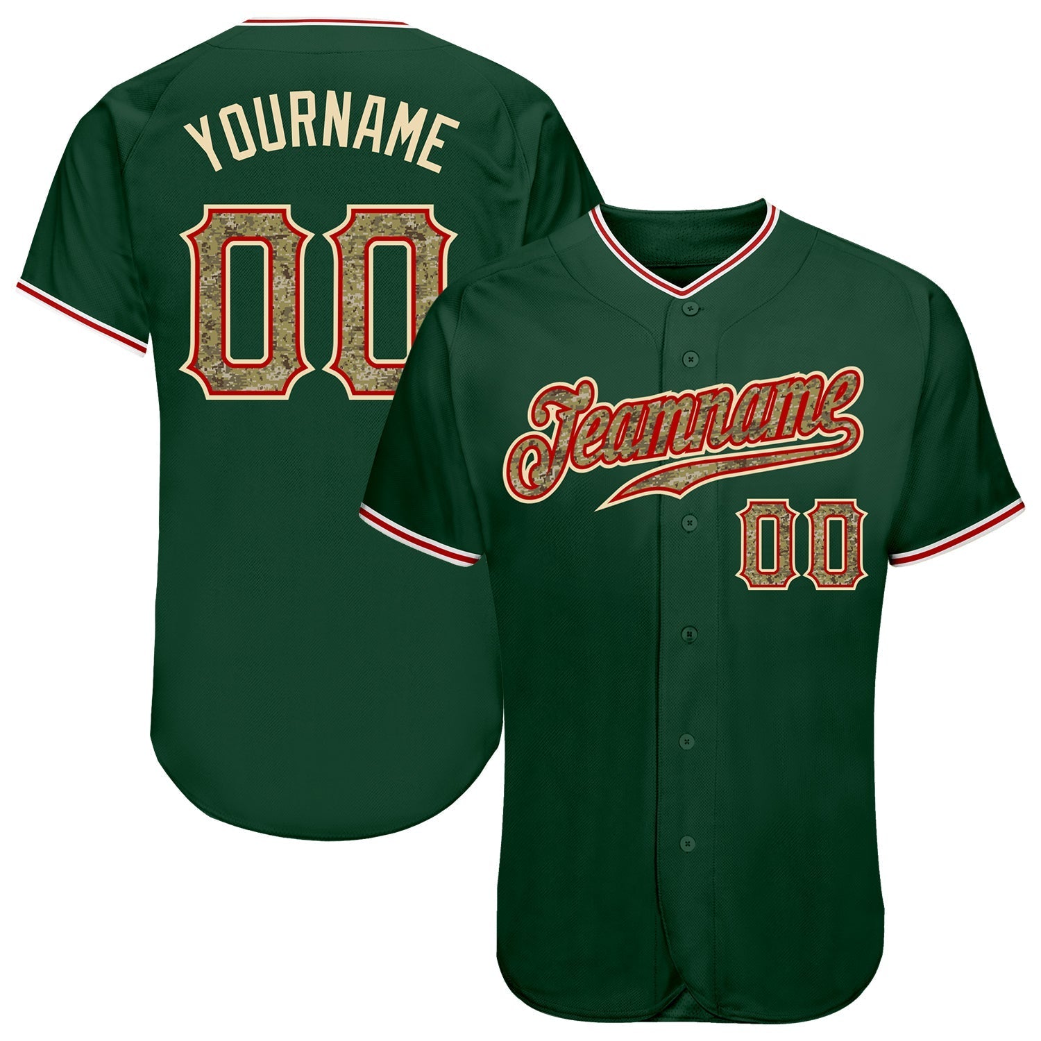 Custom Green Camo-Red Authentic Baseball Jersey baseball jersey product view 1