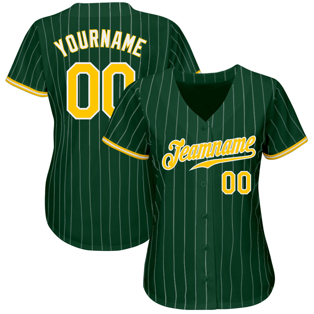 Custom Green White Pinstripe Gold-White Authentic Baseball Jersey baseball jersey product view 2