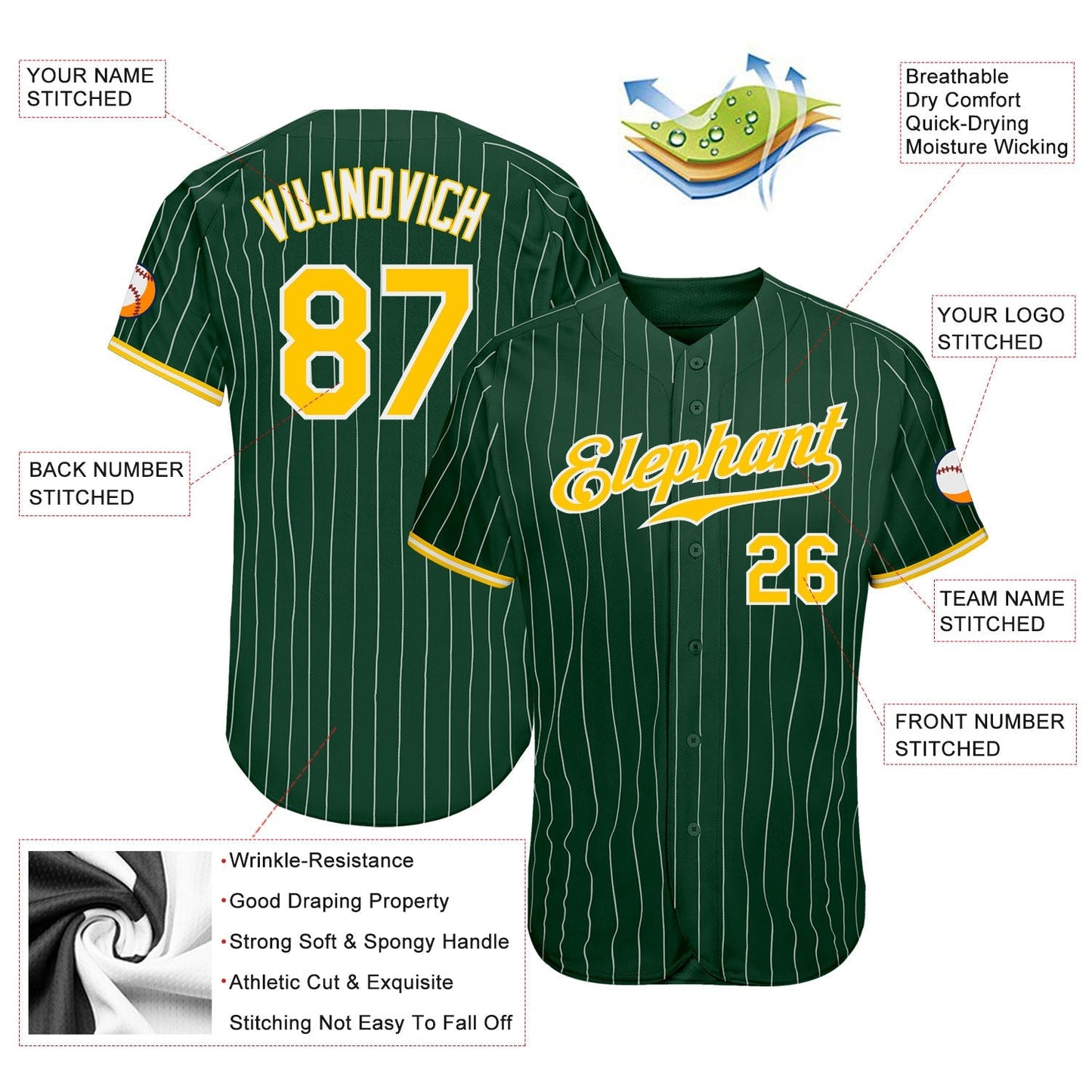Custom Green White Pinstripe Gold-White Authentic Baseball Jersey baseball jersey product view 3